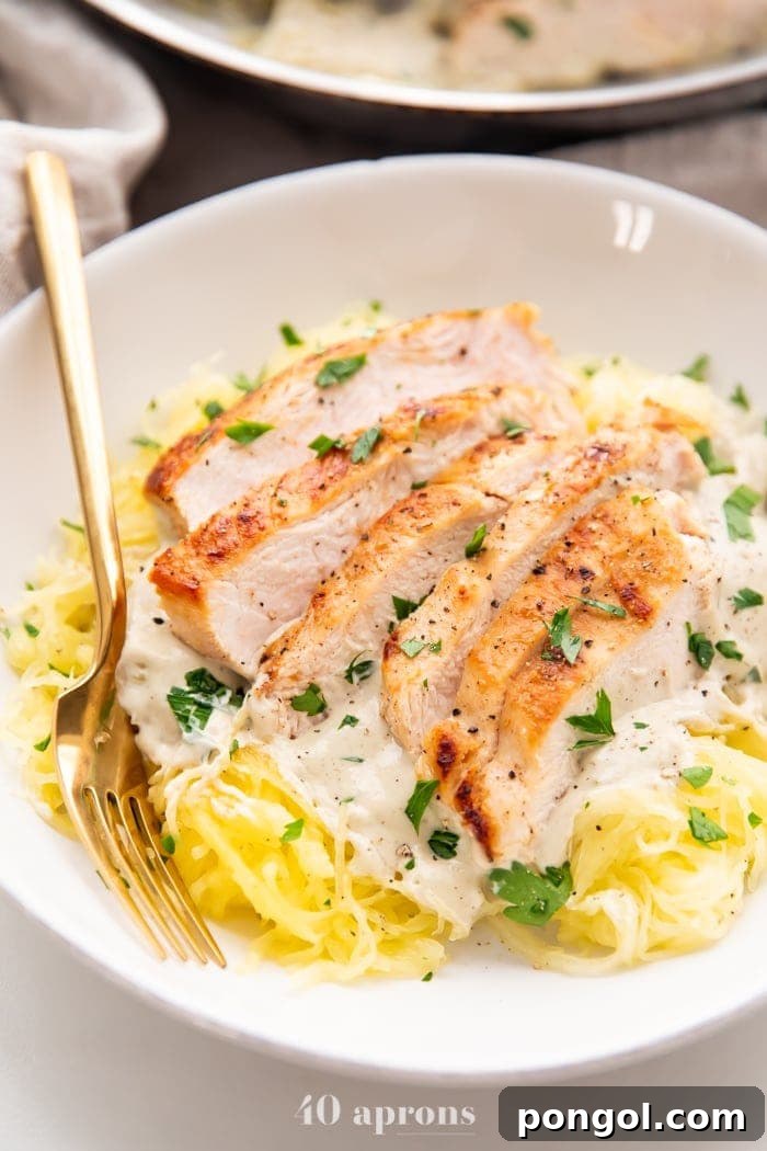 New Year, New You: 65 Satisfying Whole30 Meals 47 Whole30 chicken alfredo served over delicate spaghetti squash, a comforting and compliant meal.