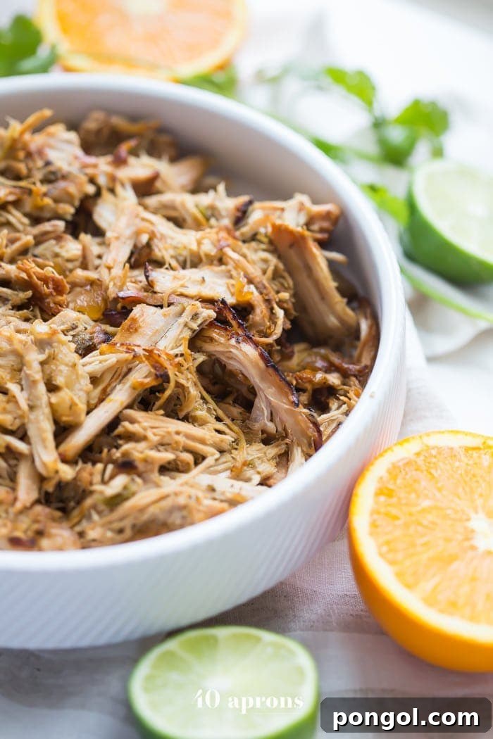 New Year, New You: 65 Satisfying Whole30 Meals 48 A white bowl filled with succulent carnitas cooked in a Crockpot, surrounded by fresh citrus slices.