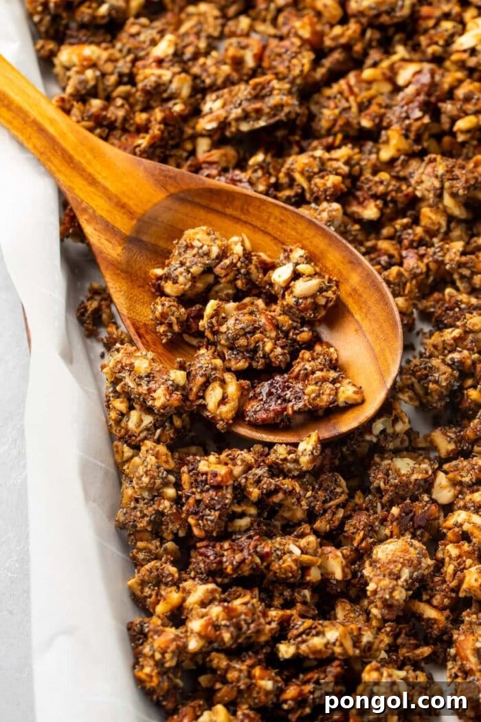 Baked keto granola on a sheet pan with a wooden spoon, showcasing its golden brown, perfectly crunchy texture