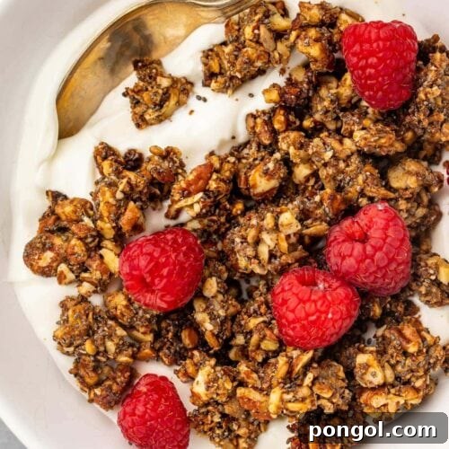 Keto granola on top of a bowl of yogurt garnished with raspberries