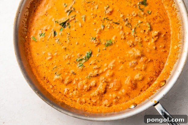 The Keto Lasagna Revelation 8 Silver saucepan with bubbling keto lasagna meat sauce, rich and savory.