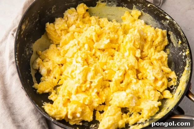 Scrambled eggs in a deep saucepan