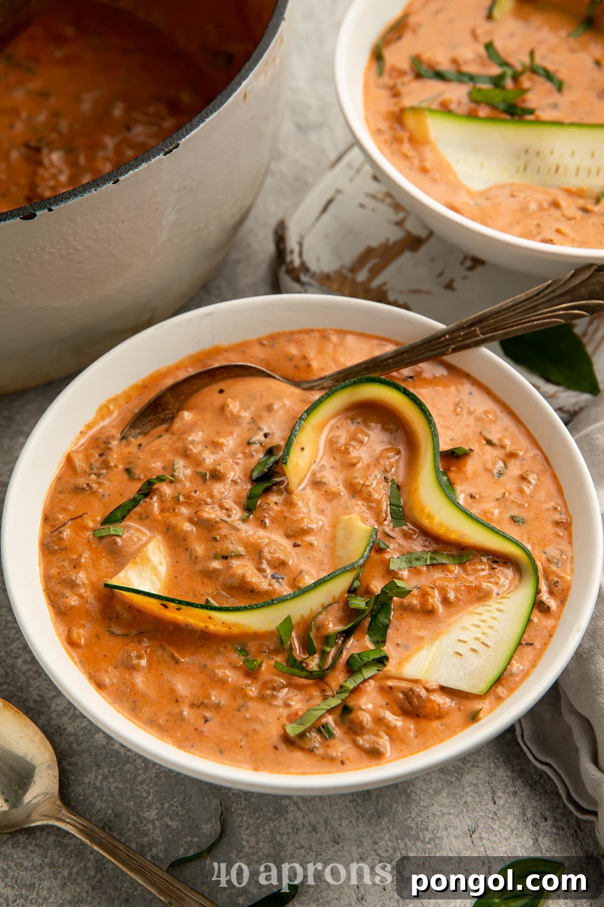 Overhead angled view of 2 bowls of Whole30 lasagna soup.