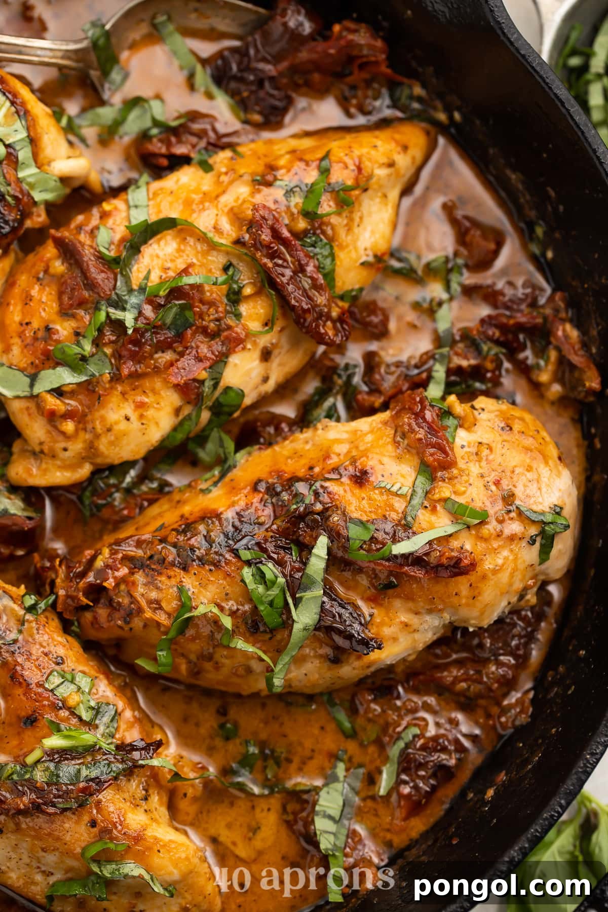 Overhead view of Whole30 Marry Me Chicken in a cast-iron skillet