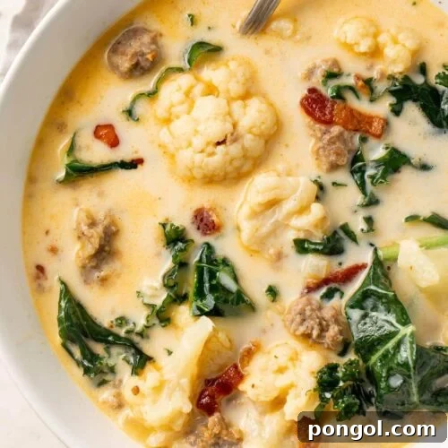 Overhead photo of keto zuppa toscana in a white bowl