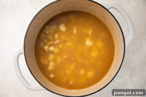 Chicken stock and onions in a dutch oven