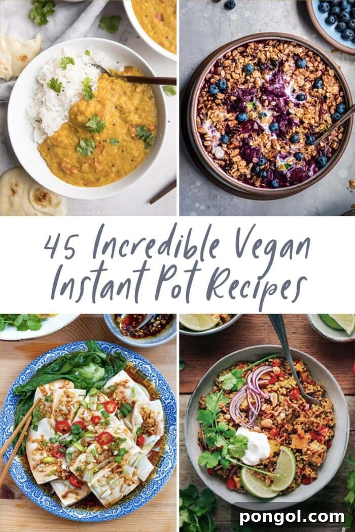 A vibrant collage of various vegan Instant Pot dishes, from breakfasts to dinners and desserts, demonstrating the versatility of the pressure cooker for plant-based meals.