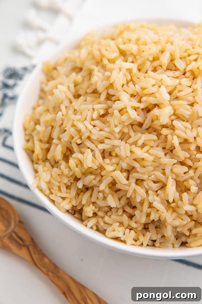 A partial image of a white bowl filled with perfectly cooked brown rice, resting on a blue striped dish towel.