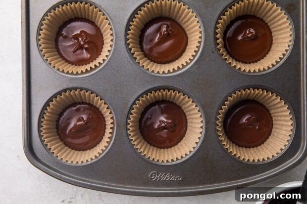 Bottom layer of melted sugar-free chocolate evenly spread within 6 parchment cupcake liners nestled in a metal cupcake pan.
