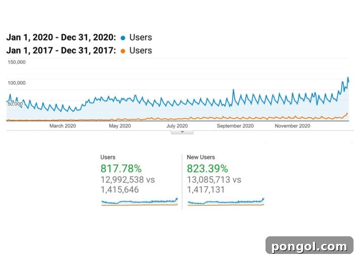 Line graph displaying user data from 2017 compared to 2020, illustrating significant growth in blog traffic.