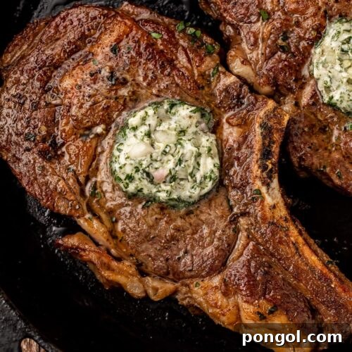 Top view of a perfectly seared bone-in ribeye steak in a cast iron skillet.
