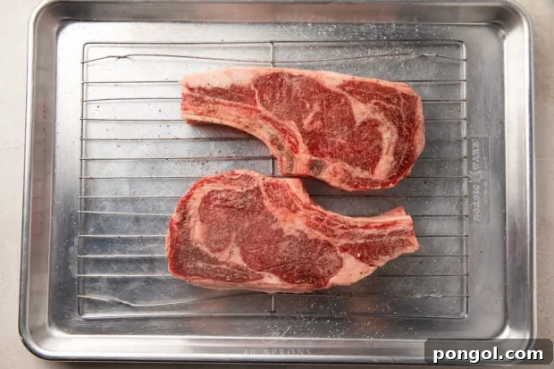 Seasoned ribeye steaks resting on a wire rack, ready for cooking.