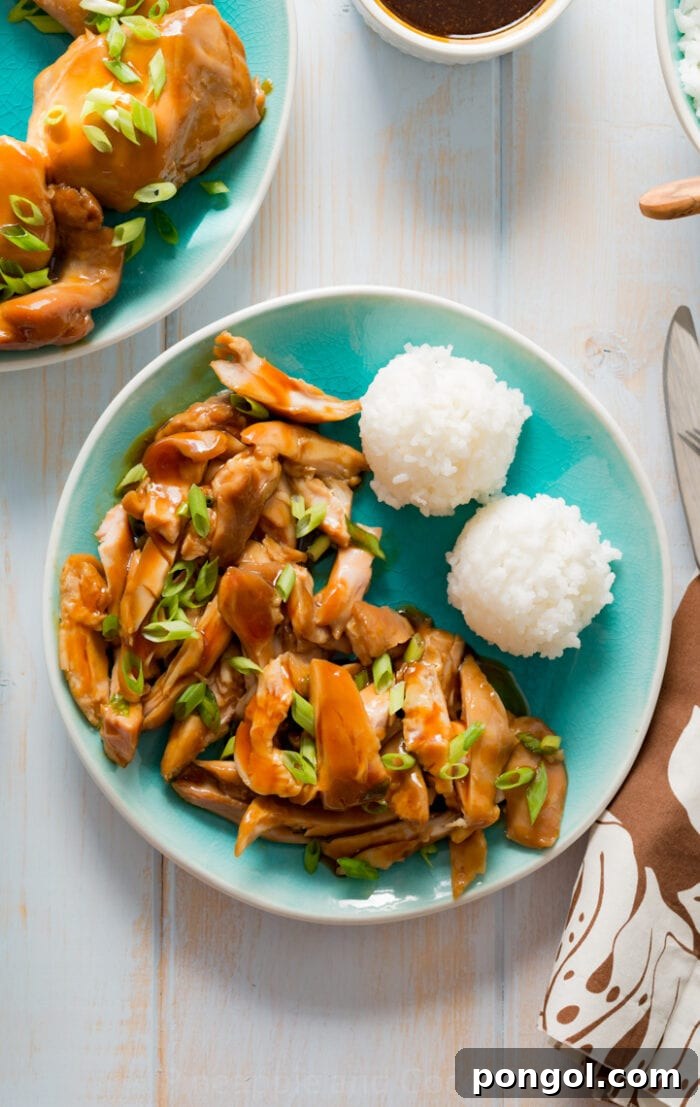 On a stylish teal plate, Hawaiian chicken is paired with perfectly formed balls of rice