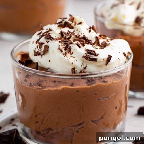 A small glass cup of keto chocolate mousse with whipped cream and chocolate shavings