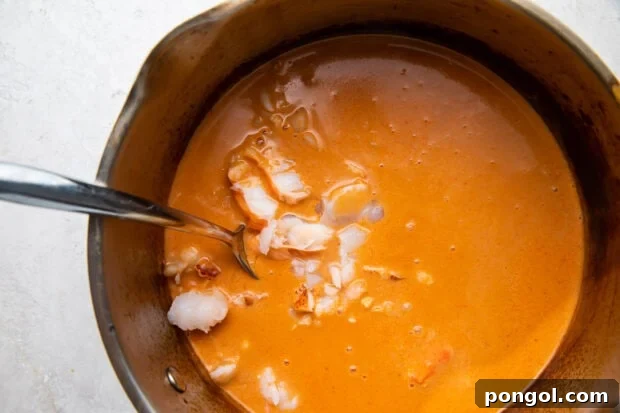 Lobster bisque in a large saucepan with a large silver ladle.