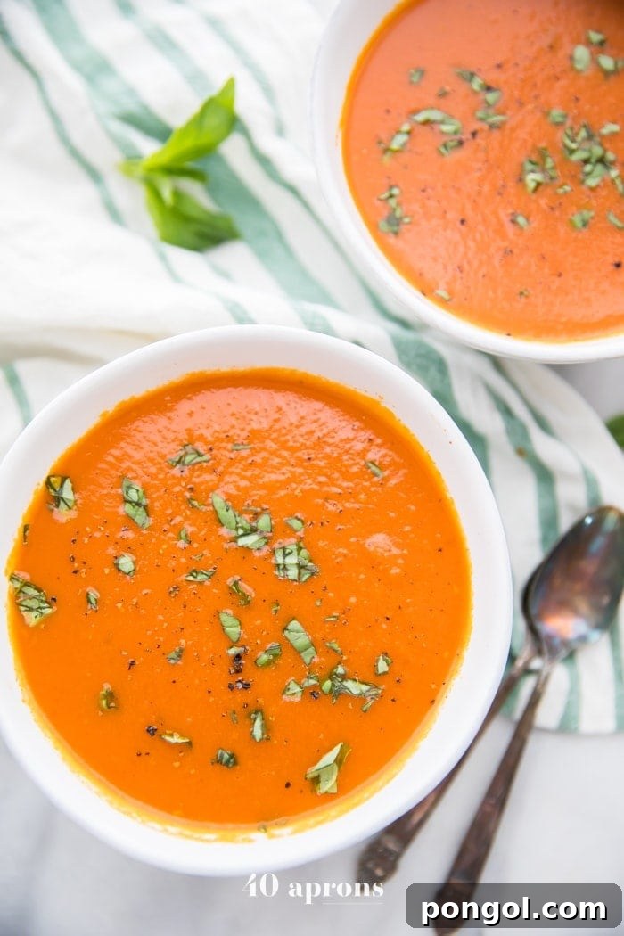 Overhead angle of two white bowls holding bright red tomato soup