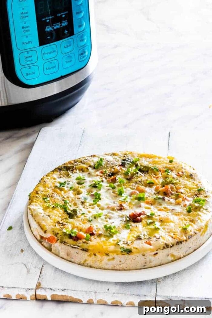 Breakfast quiche in front of an Instant Pot