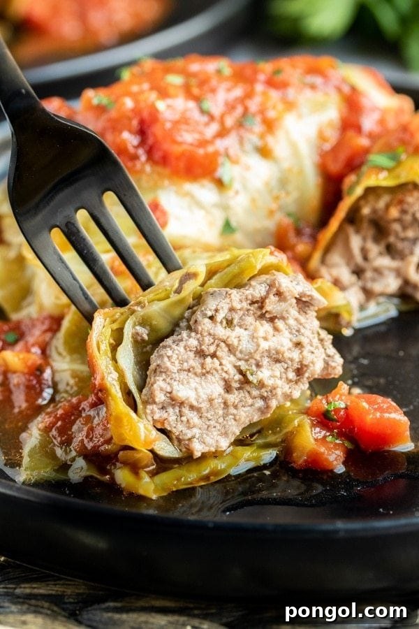 Close up of a cross-section of keto cabbage rolls cooked in the Instant Pot