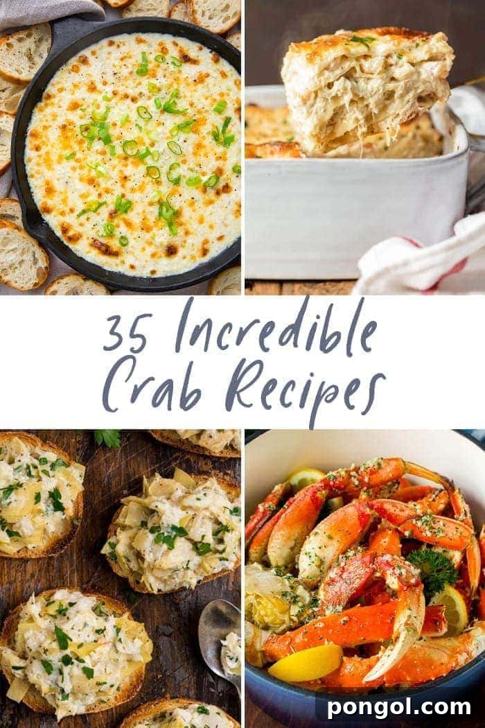 A vibrant collage of various crab dishes, including dips, pastas, and crab legs with garlic butter, showcasing the diversity of crab recipes.