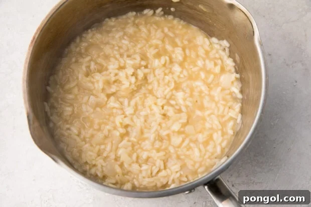 Creamy Wild Mushroom Risotto 10 Creamy risotto rice gently simmering with chicken stock in a large silver saucepan, being stirred to perfection.