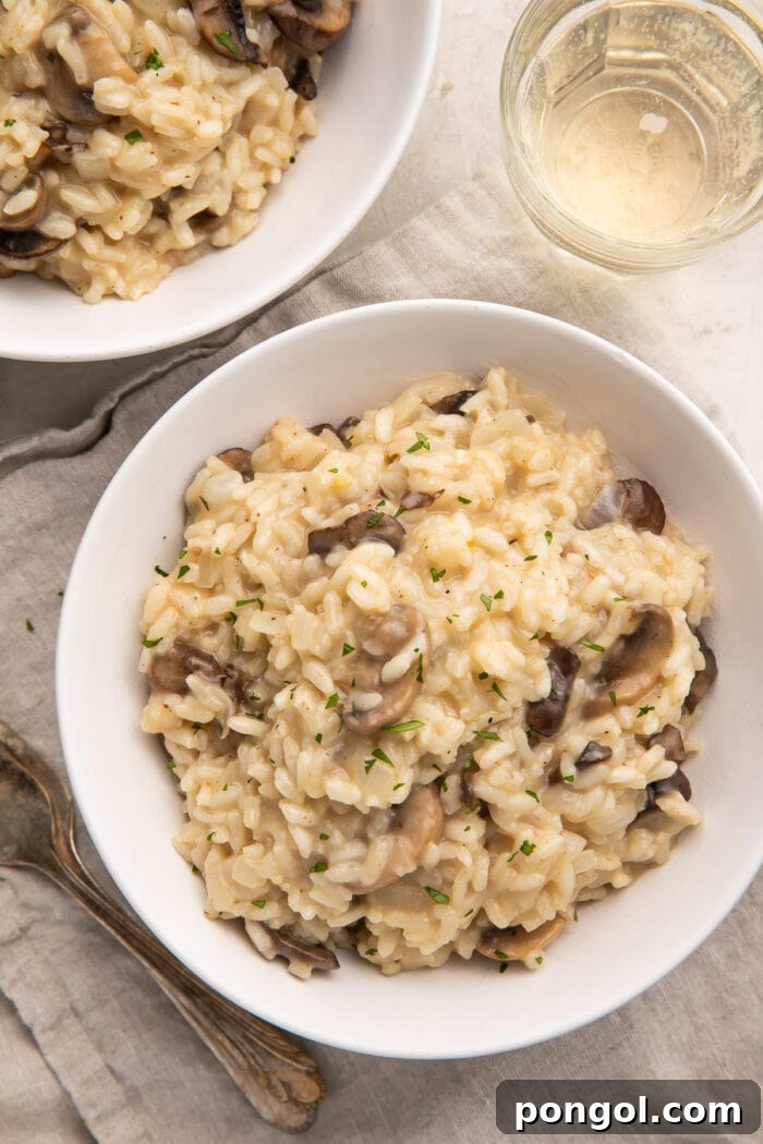 Creamy Wild Mushroom Risotto 3 Zoomed out photo of two white shallow bowls holding perfectly cooked mushroom risotto, ready to be served, with a rustic background.