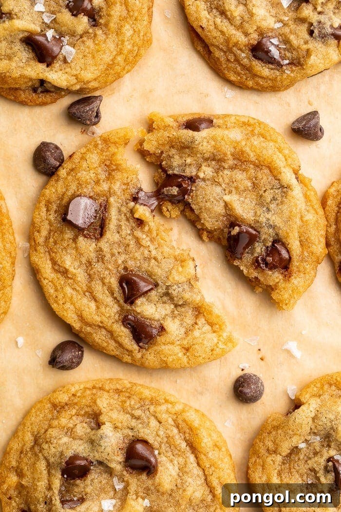 Ultimate Vegan Chocolate Chip Cookies 2 Close-up of a perfectly baked vegan chocolate chip cookie, broken in half to show its soft, gooey center and melted chocolate chips, resting on parchment paper.