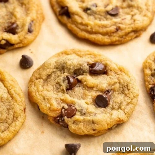Angled view of freshly baked vegan chocolate chip cookies on parchment paper