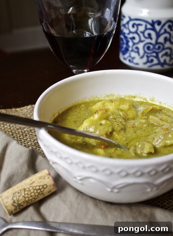Close-up of fluffy chicken and dumplings ready to be served