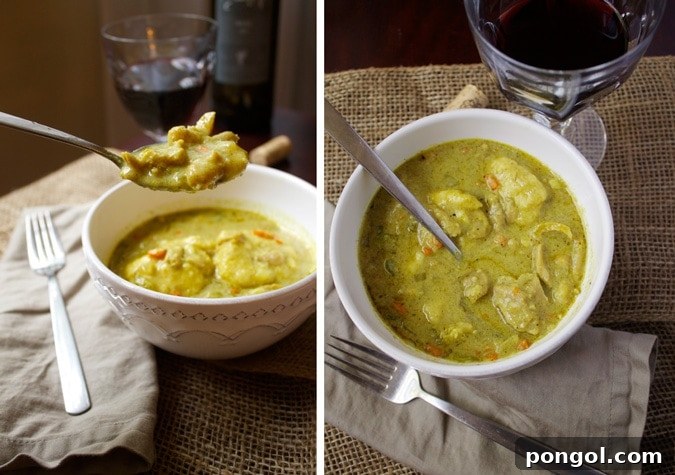 Two bowls of homemade chicken and dumplings side-by-side
