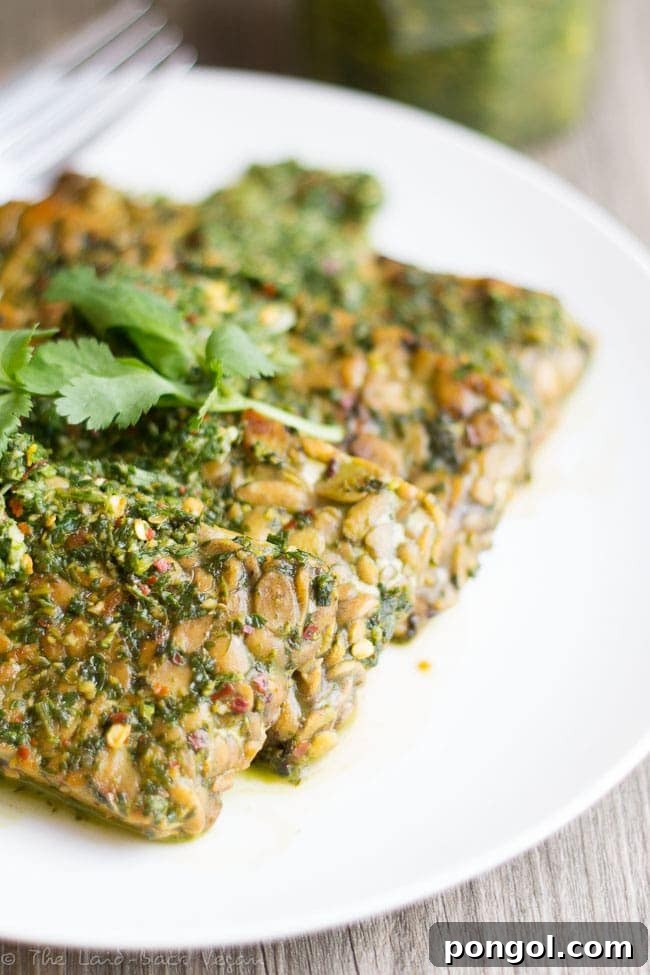 Close-up of Chimichurri Tempeh garnished with fresh herbs