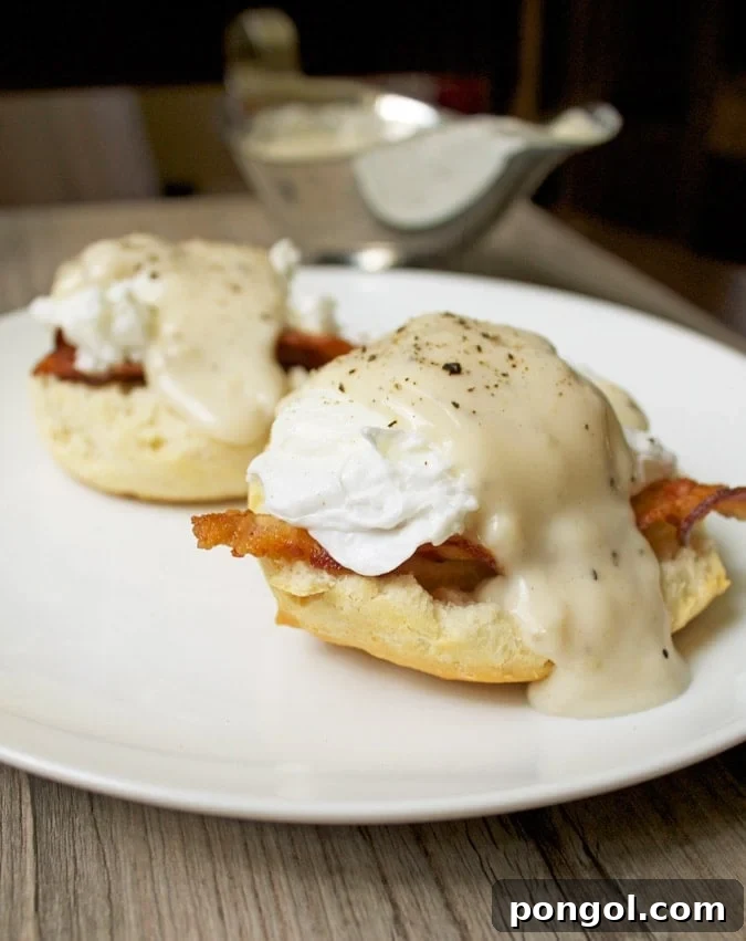 Southern Eggs Benedict with Bacon, Biscuits, and Gravy