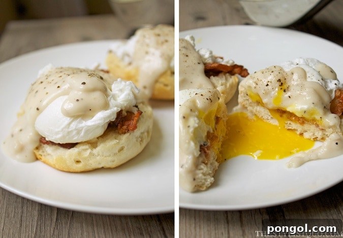 Southern Eggs Benedict with Bacon, Biscuits, and Gravy