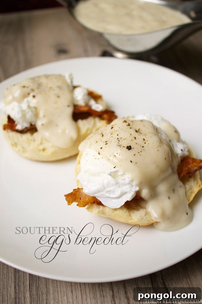Southern Eggs Benedict with Bacon, Biscuits, and Gravy