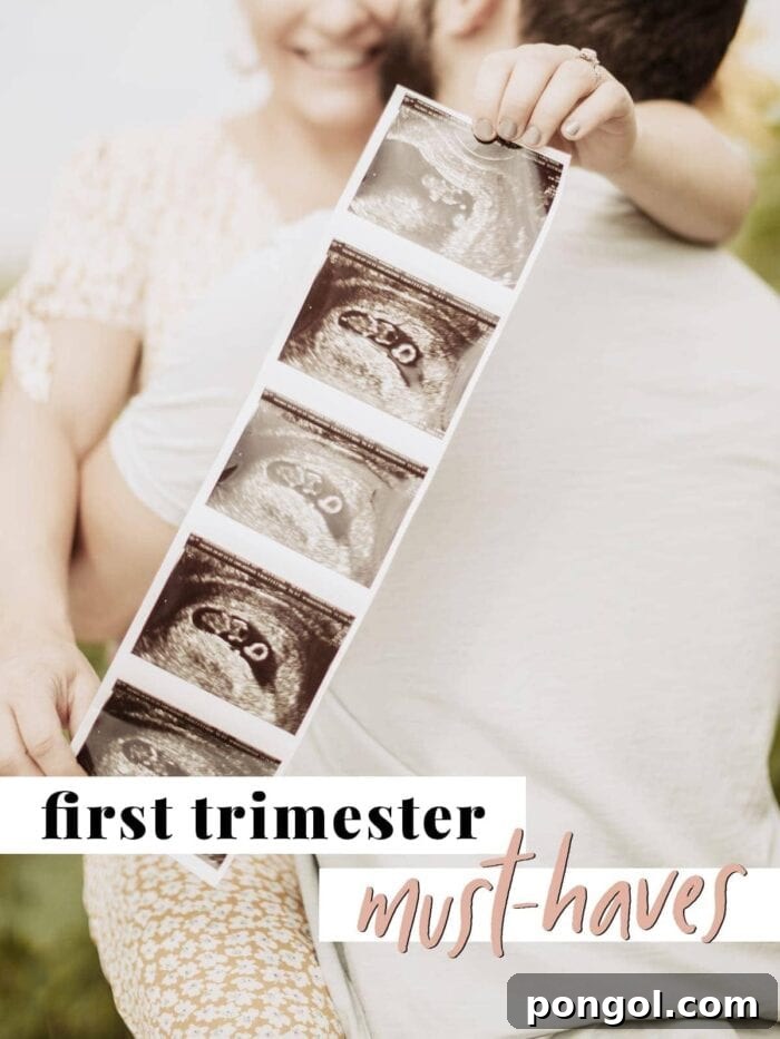 A heartwarming image of a couple embracing, holding sonogram pictures towards the camera, symbolizing the joy and anticipation of the first trimester of pregnancy.