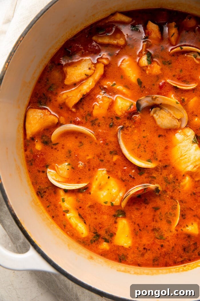 Italian fish stew in a large soup pot