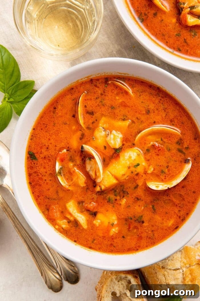 Closer view of a bowl of Italian fish stew