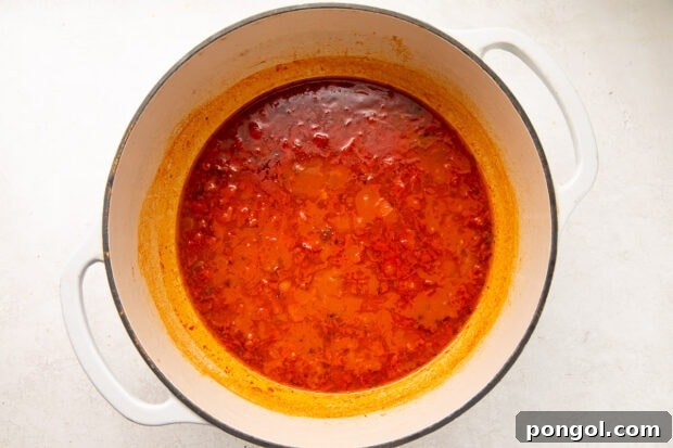 Clam juice, tomatoes, white wine, and water in a large pot
