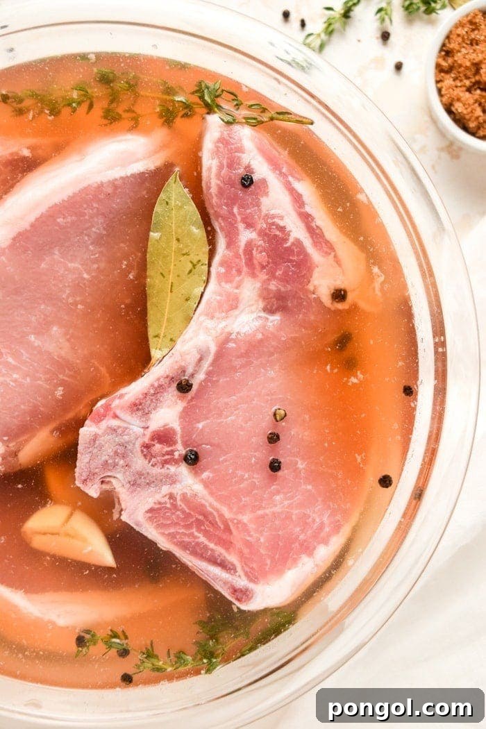 Raw pork chops soaking in a flavorful brine with peppercorns, thyme, and bay leaves.