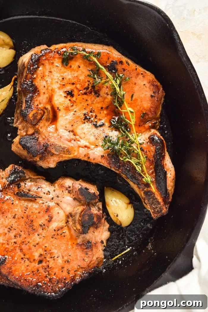 Perfectly cooked, pan-seared pork chops with a golden crust after brining.