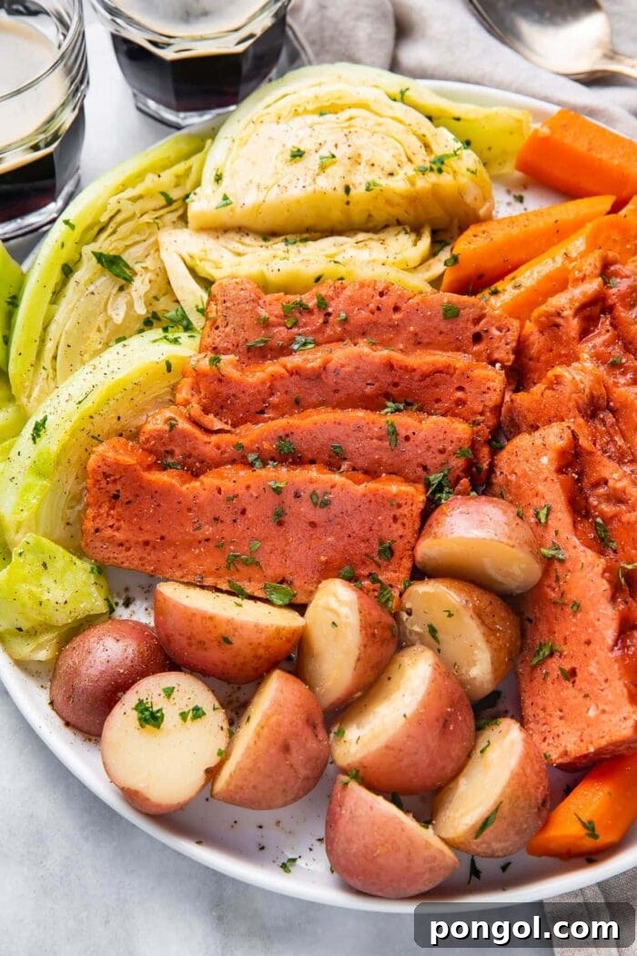 Close up view of vegan corned beef and cabbage with potatoes