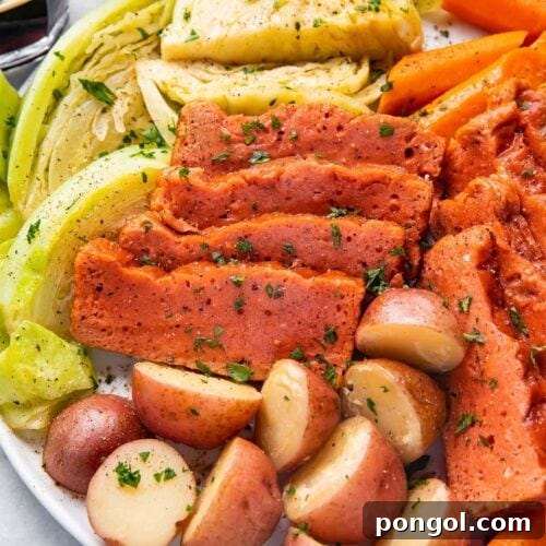 Close up view of vegan corned beef and cabbage with potatoes