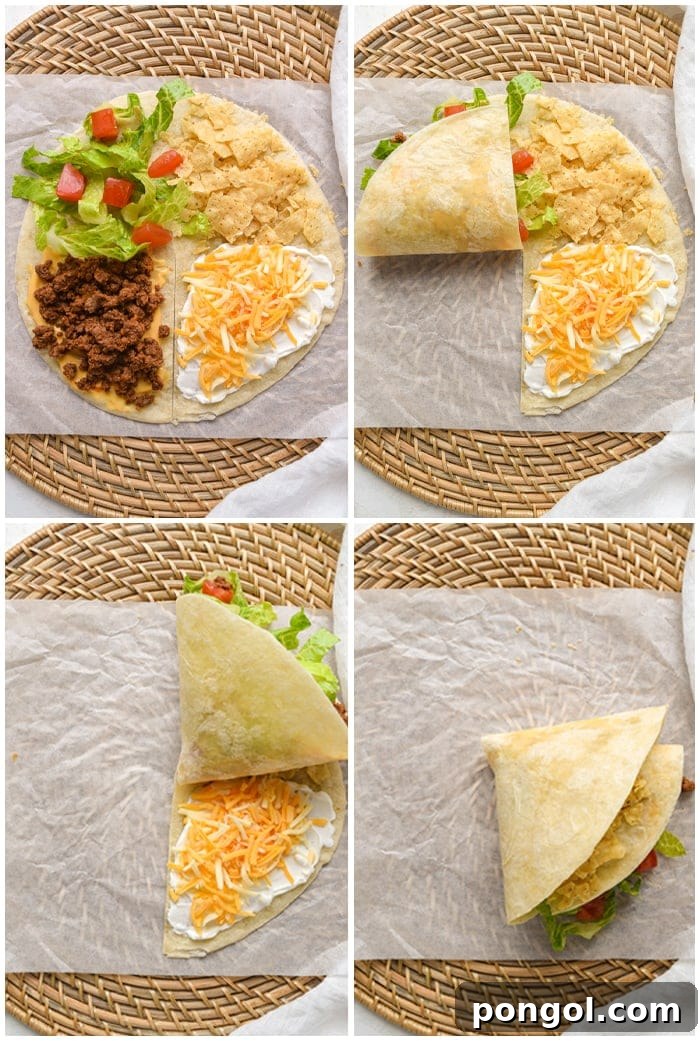 Step-by-step visual guide demonstrating the Mexican tortilla wrap hack folding process, with ingredients neatly arranged on a tortilla