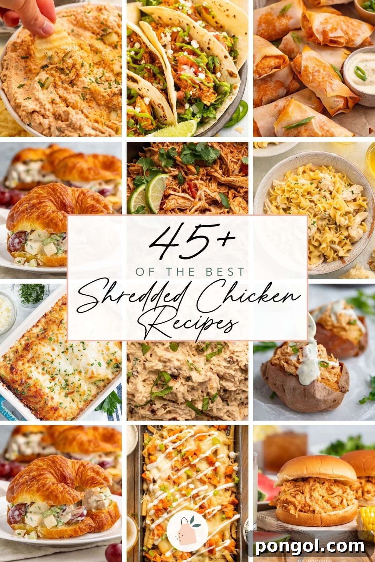 12-image cover graphic for 45+ of the best shredded chicken recipes.