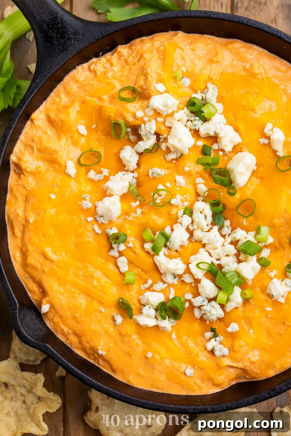 Overhead view of Instant Pot buffalo chicken dip in a cast-iron skillet. Dip is topped with blue cheese crumbles and green onions.
