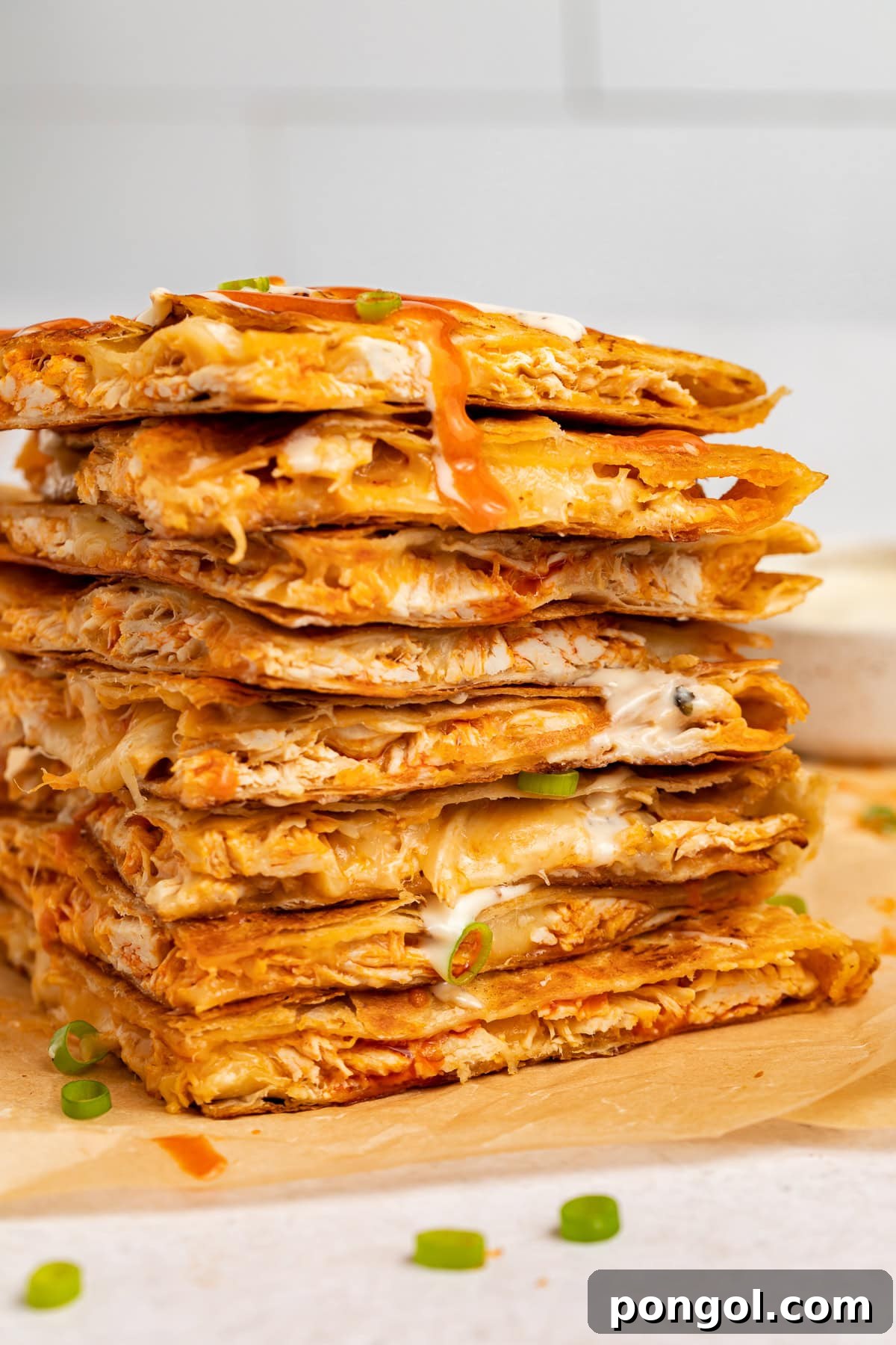 A stack of buffalo chicken quesadilla triangles.