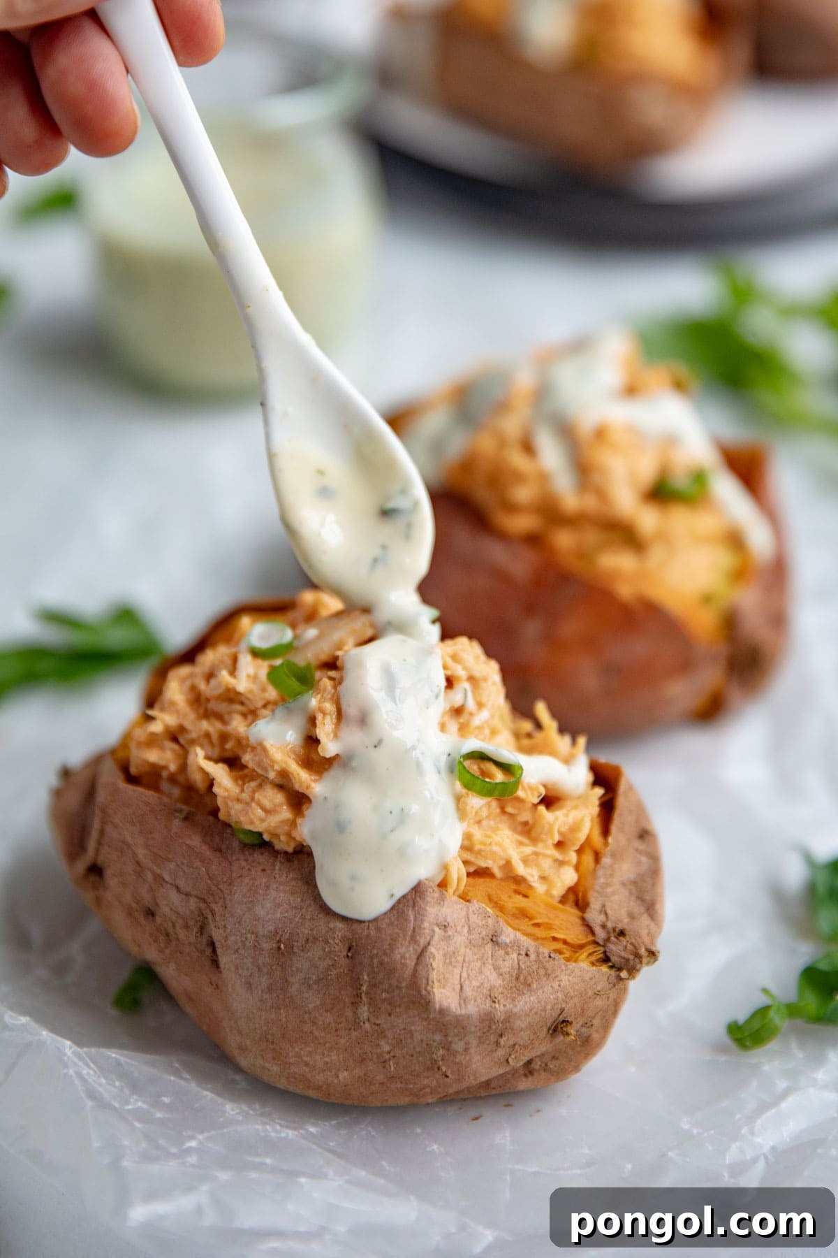 Buffalo chicken stuffed sweet potatoes topped with ranch dressing and green onions.