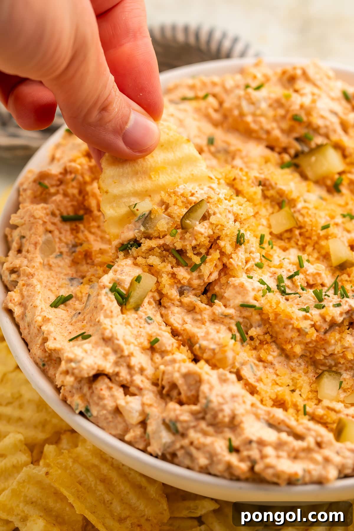 A white woman's hand holds a ridged potato chip, using it to scoop Nashville hot chicken dip out of a large bowl.