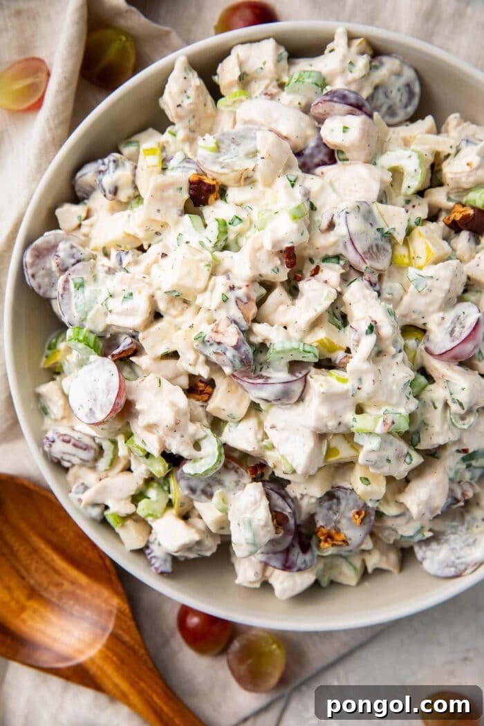 Chicken salad with grapes in a large silver bowl