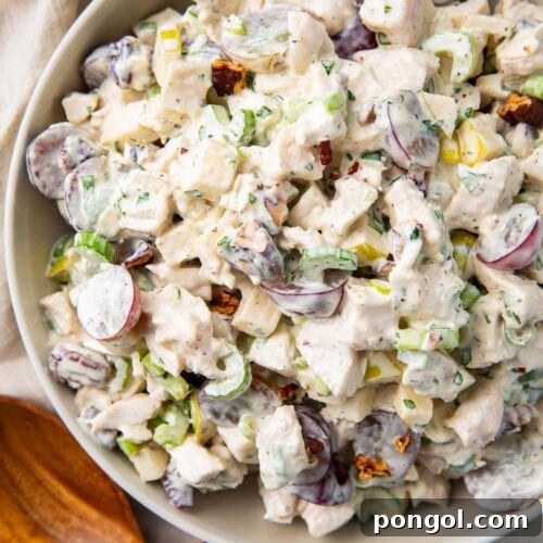 Chicken salad with grapes in a large silver bowl