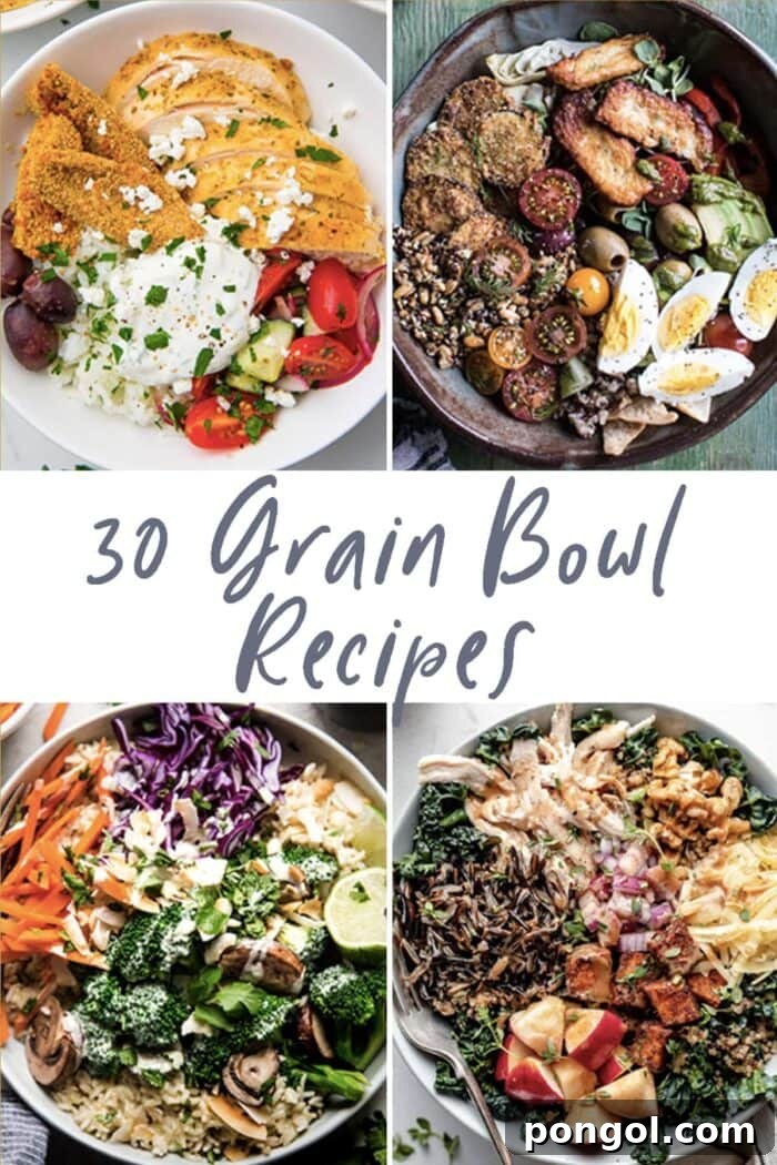A vibrant, well-arranged grain bowl, showcasing a medley of healthy ingredients like grains, protein, and fresh vegetables, artfully topped with a delicious sauce and garnishes.